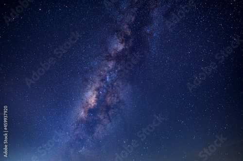 night blue sky with milky way.Many stars at September,Thailand,asia.with noise and grain.Photo by long exposure and select white balance.
