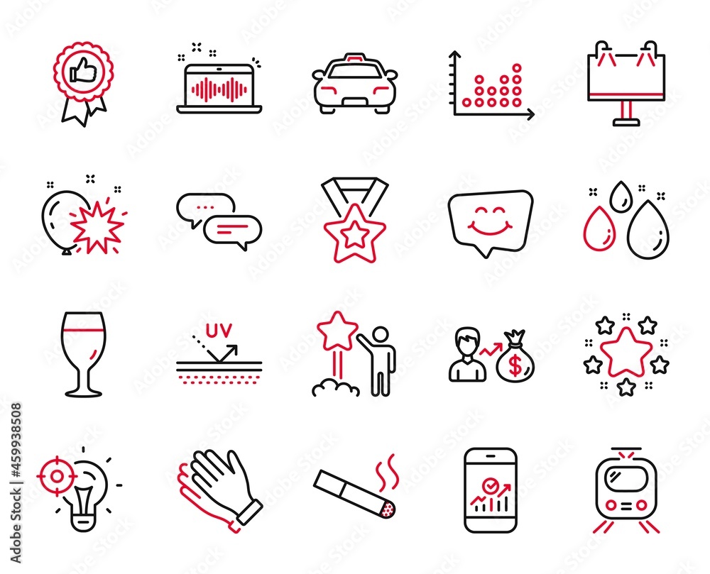 Vector Set of Business icons related to Uv protection, Sallary and Winner ribbon icons. Dot plot, Star and Dots message signs. Smile chat, Taxi and Music making. Smoking, Stars and Train. Vector Vector Set of Business icons related to Uv protection, Sallary and Winner ribbon icons. Dot plot, Star and Dots message signs. Smile chat, Taxi and Music making. Smoking, Stars and Train. Vector