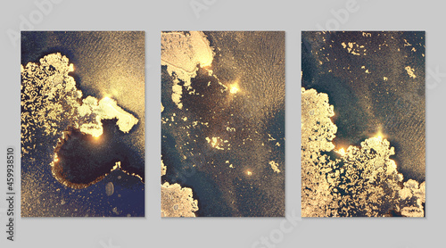 Marble set of gold, grey, and blue backgrounds with texture. Geode pattern with glitter. Abstract vector backdrops in fluid art alcohol ink technique. Modern paint with sparkles for banner, poster
