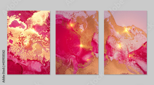 Marble set of gold, fuschia backgrounds with texture. Geode pattern with glitter. Abstract vector backdrops in fluid art alcohol ink technique. Modern paint with sparkles for banner, poster
