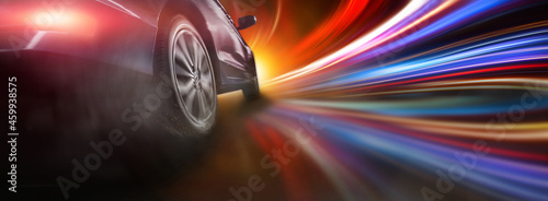 Sport car wheel drifting on lighting photo