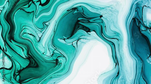 alcohol ink, Abstract green fluid art with white parts, liquid motion design with teal accent, marble