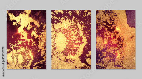 Marble set of gold and dark red backgrounds with texture. Geode pattern with glitter. Abstract vector backdrops in fluid art alcohol ink technique. Modern paint with sparkles for banner  poster
