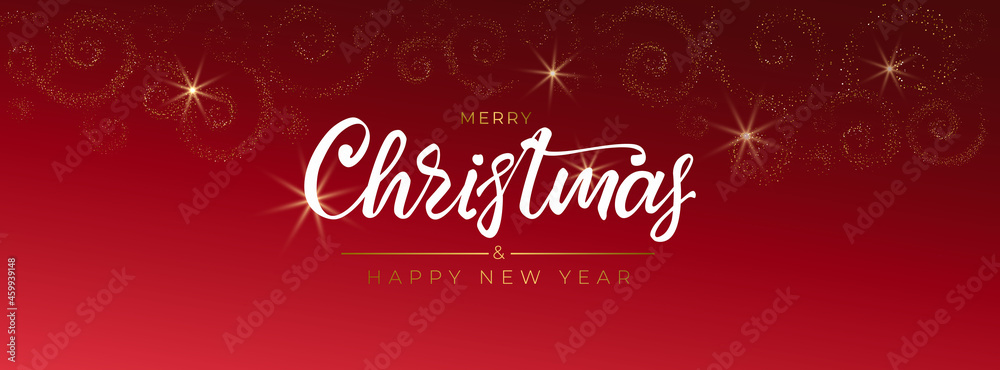 Merry Christmas and Happy New Year 2022. Greeting card with hand drawn lettering, gold glittering spirals pattern on red background. For social network cover. Vector illustration.