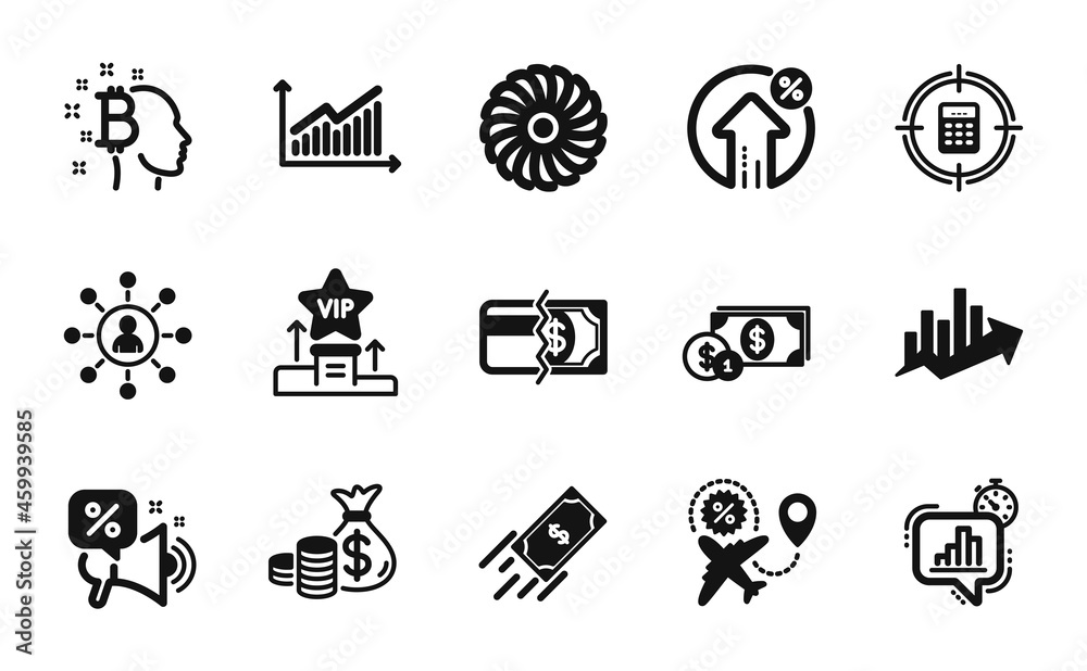 Naklejka premium Vector set of Bitcoin think, Fast payment and Fan engine icons simple set. Coins bag, Flight sale and Loan percent icons. Calculator target, Growth chart and Discounts offer signs. Vector