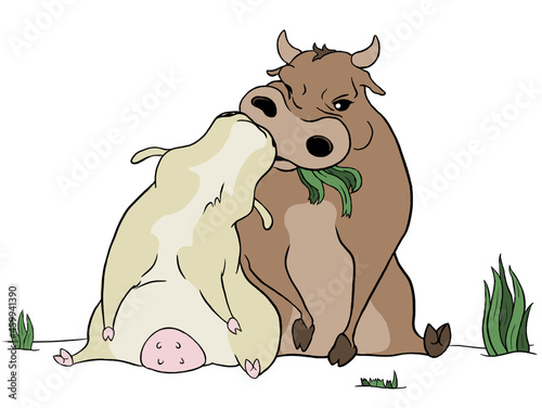 Couple of cute cow and bull in love embracing