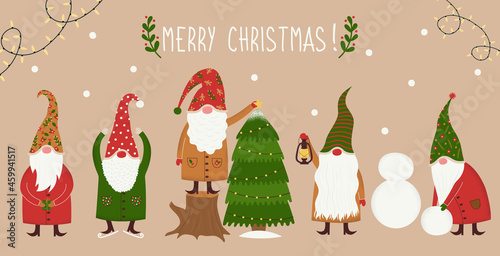 Set of cute christmas fairy gnomes wearing big hat. Hand drawn nordic dwarf character doing activities: ice skating, decorating a tree, making snowman. Vintage holiday postcard, banner, invitation