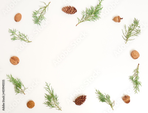Christmas background. Top view of Christmas decorations. Flat lay of creative design on white background. Copy space for text.