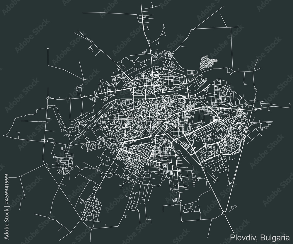 Detailed negative navigation urban street roads map on dark gray background of the Bulgarian regional capital city of Plovdiv, Bulgaria
