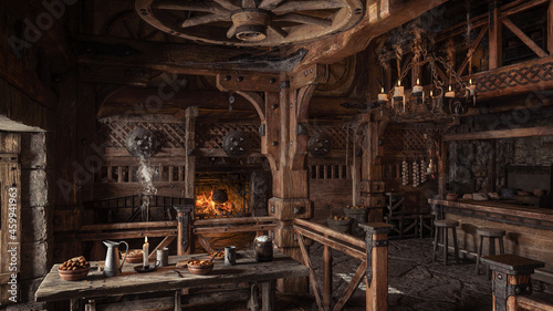Tela 3D rendering of a medieval tavern inn interior with a table of food and drink, lit by daylight from a window, and an open fireplace in the background