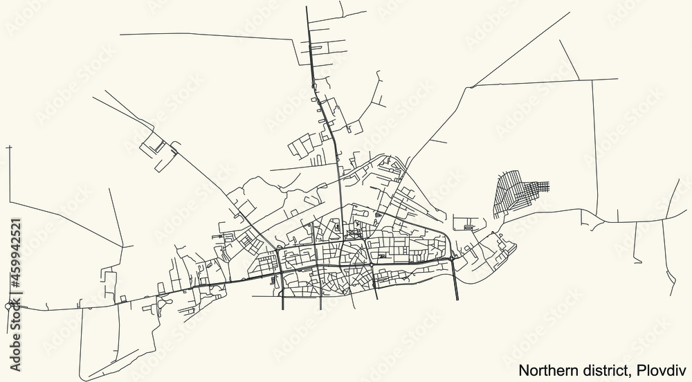 Detailed navigation urban street roads map on vintage beige background of the quarter Northern district of the Bulgarian regional capital city of Plovdiv, Bulgaria