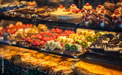 Window shopping on traditional Christmas market in Maastricht, Netherlands. Buying candy, pastry and cake. Choosing cake in bakery.