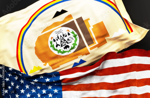Flag of Navajo along with a flag of the United States of America as a symbol of unity between them, 3d illustration