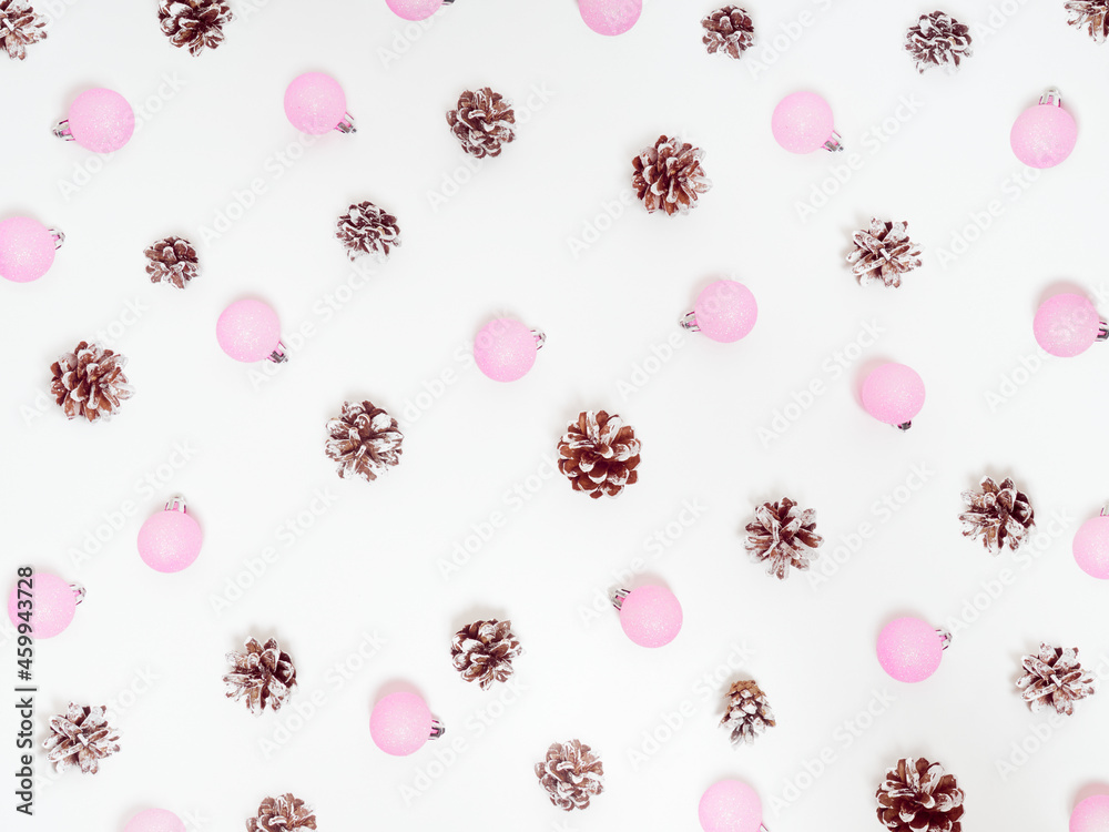 Christmas pattern. New Year decorations on white background. Cones and сhristmas decorations. Flat lay, top view. Christmas pattern. New Year decorations on white background. Cones and сhristmas decorations. Flat lay, top view.