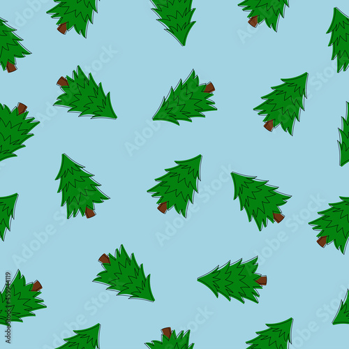 Seamless pattern of green Christmas tree on blue background. Pine tree. Line art. Doodle style. 