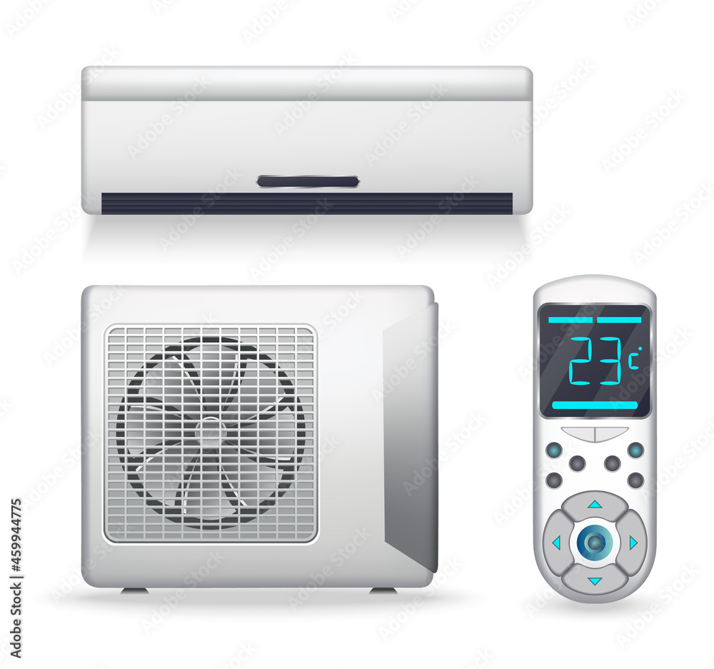 Fototapeta premium Air conditioner system - realistic set with cooling or heating equipment. Electronic appliance or device to clean, freshen and circulate air. Color indoor and outdoor units. Icon on white background