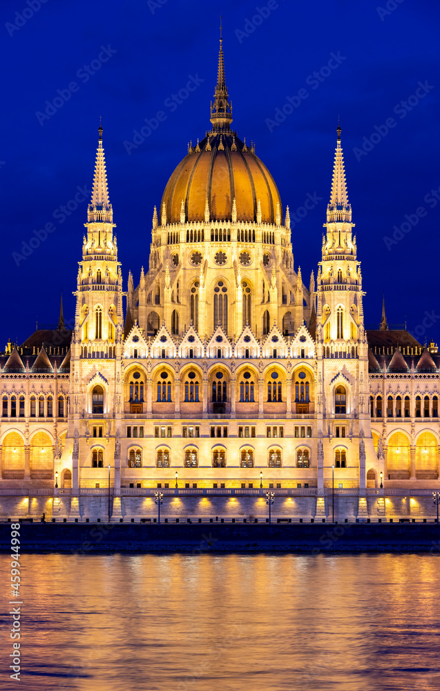 famous building of parliament at evening in Budapest in Hungary