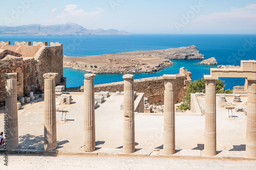 Lindos castle with some ancient parts including the temple of Lindia Athena, on the island of Rhodes, Greece