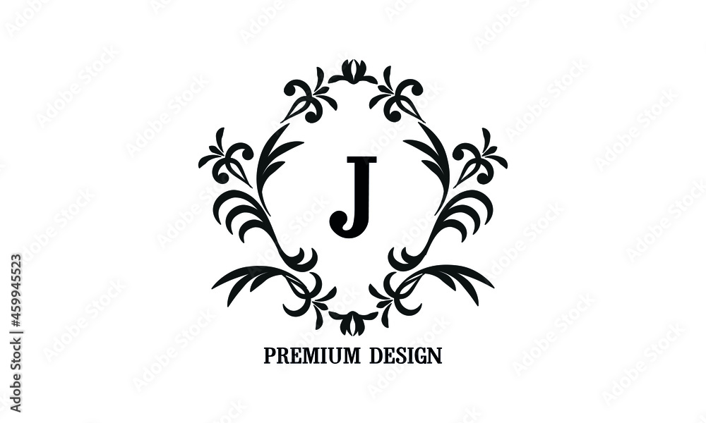 Exquisite company brand sign with letter J. Black and white logo for cafe, bar, restaurant, invitation, wedding. Business style.