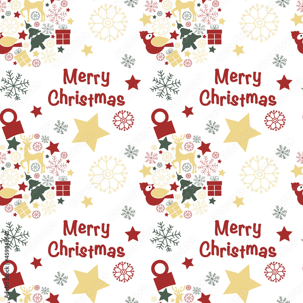 Naklejka premium Vector seamless pattern with christmas trees, christmas balls, stars, snowflakes and text Merry Christmas in Scandinavian style for fabrics, paper, textile, gift wrap isolated on white background