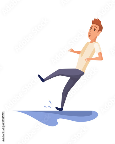 Falling man. Falling down people because of slipping, accident. Young men dangerous accident. Slippery, danger, risk. Bad luck, misfortune, fiasco. Business failure, company crash concept