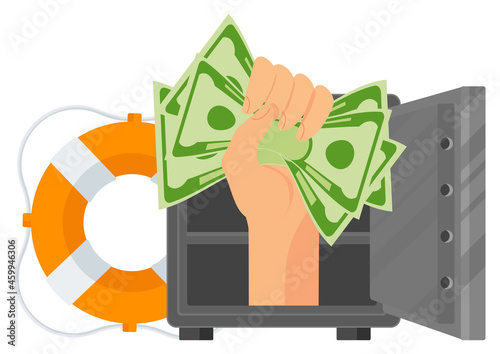 Hands with a money protrude from the safe.