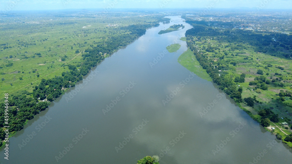 Aerial view of the White Nile River as it flows through Juba, South Sudan Aerial view of the White Nile River as it flows through Juba, South Sudan