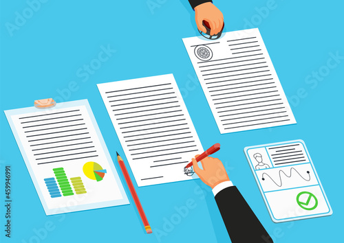Notary service advertisement. Execution of documents seal and signature on papers. Sign agreement accepted by public notary. Document collcection. Colorful  illustration in flat style