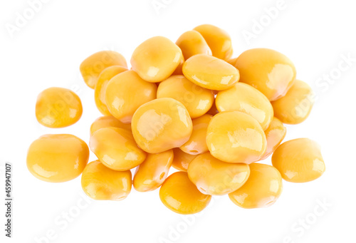 Pickled yellow lupine beans isolated on white background. Tournus, preserved lupinus. Top view.