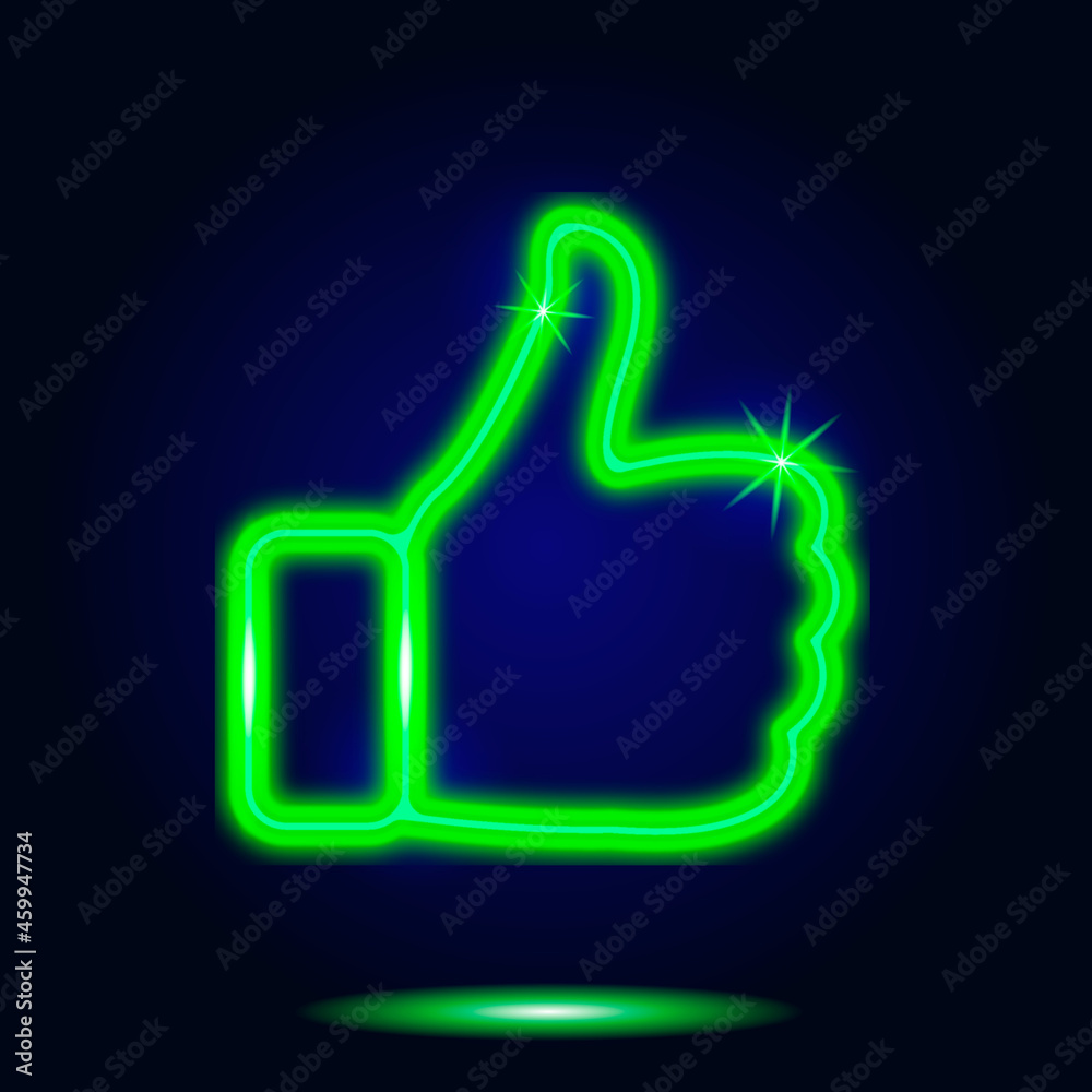 Neon luxury shiny Like. Thumbs up. Logo. Medal. Rating. Grade. Vote. Social media.