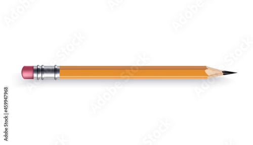 Sharpened wooden pencil with rubber eraser. Color cartoon icon. Realistic isolated item on white background,  illustration