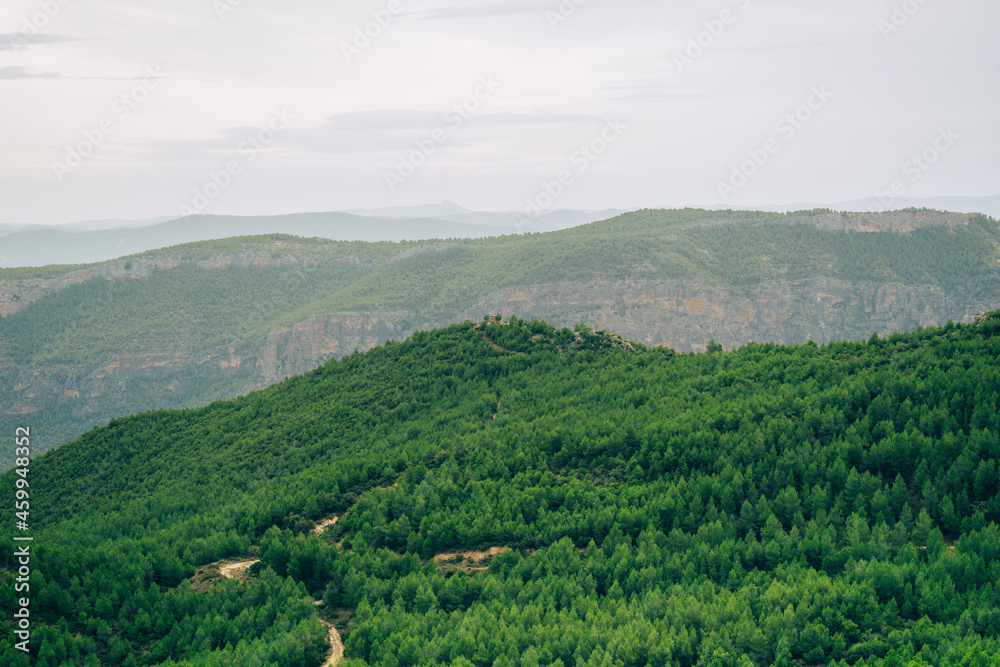 Obraz premium Vistas de las montañas entre vegetación , bosques y nubes