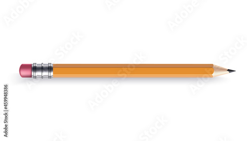 Sharpened wooden pencil with rubber eraser. Color cartoon icon. Realistic isolated item on white background,  illustration