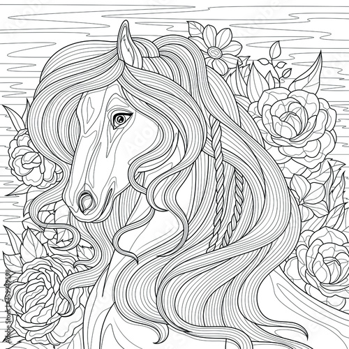 A horse in flowers.Coloring book antistress for children and adults. Illustration isolated on white background.Zen-tangle style. Hand draw
