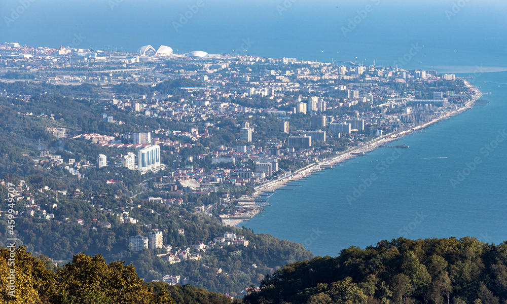 View of the Adler district of Sochi from the observation tower of Akhun mountain in Russia