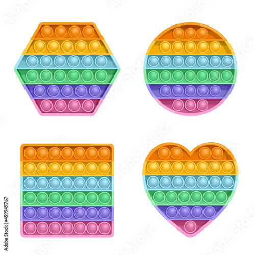 Set of pop it fidget toys. Colorful sensory fidget toys of various shapes. Vector illustration