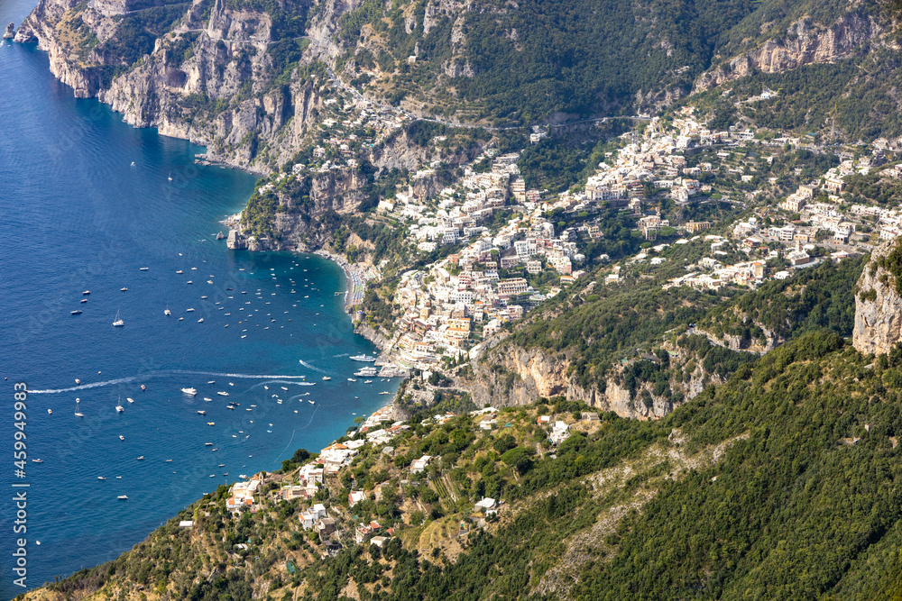 beautiful view of the Amalfi coast, and Positano seen from the famous Path of the Gods (sentiero degli Dei). Agerola, Positano, Campania, Italy