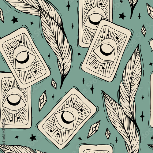 Vintage Vector Illustration Tarot Cards Seamless Pattern Magic Retro Drawing Esoteric Signs Witchcraft Mystical Witch Palmistry Halloween Divination Elegant Art