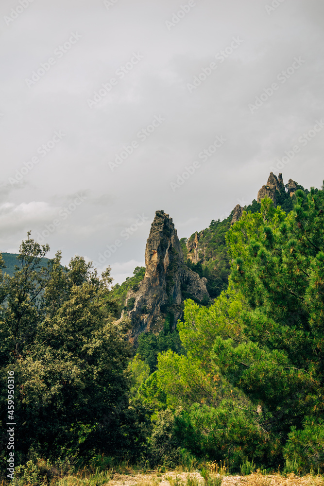 Vistas de las montañas entre vegetación , bosques y nubes foto de Stock