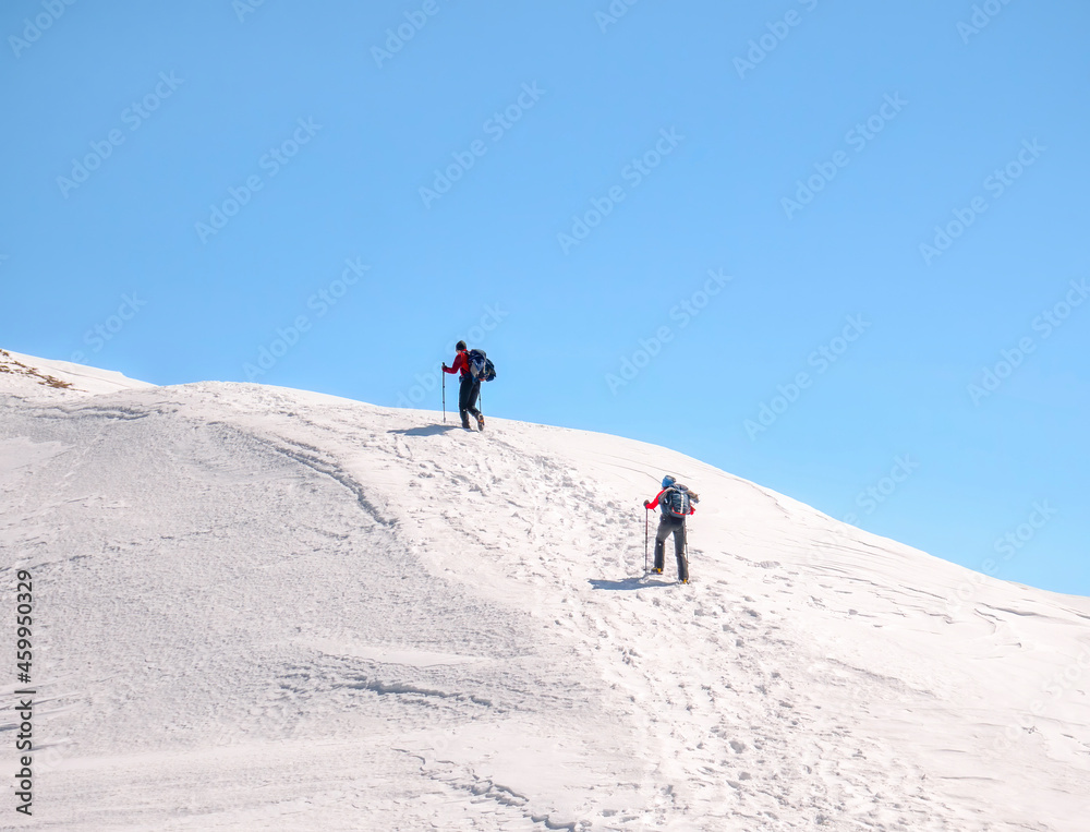 Two Hikers on a trail walking through snow. Winter landscape in Carapathian Mountains, Romania.