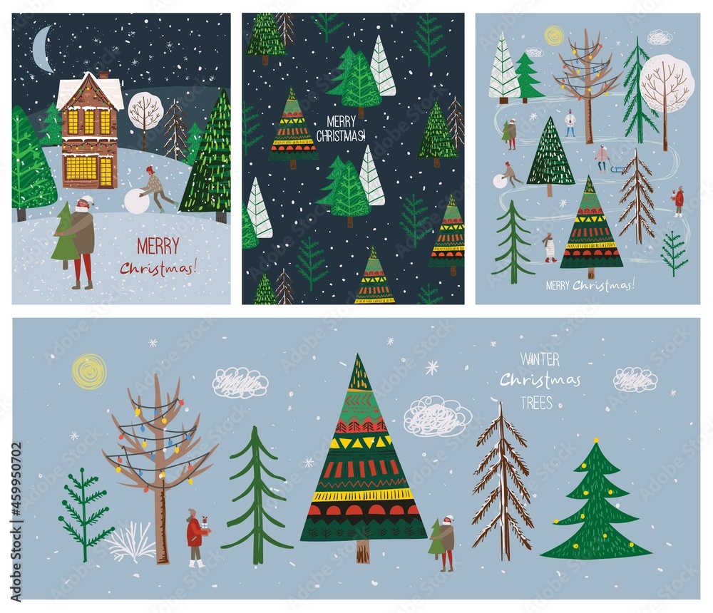Vector hand drawing trendy abstract illustration of holiday cards of Merry Christmas and Happy New Year 2022 with christmas tree, winter forest, people and lettering.