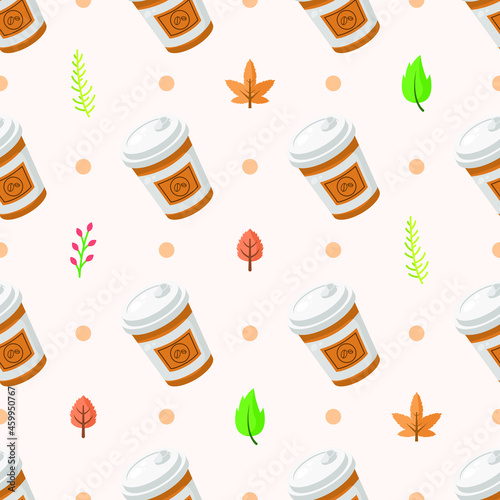 Seamless Pattern Abstract Elements Fast Food Coffe Cup With Leaves Vector Design Style Background Illustration Texture For Prints Textiles, Clothing, Gift Wrap, Wallpaper, Pastel