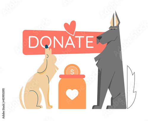 Two dogs sit next to a donation jar. Support for a dog shelter, homeless animals, volunteering. Vector flat illustration.