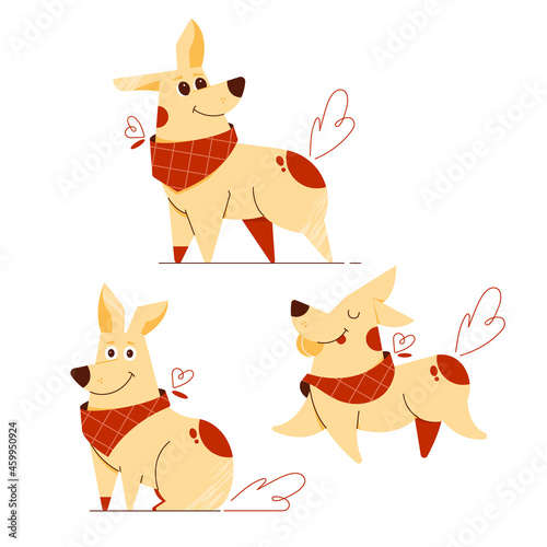 Cute dog in a handkerchief. The puppy in various poses turned its muzzle in surprise, sits, happily runs with a ball, plays. Vector flat pet character.