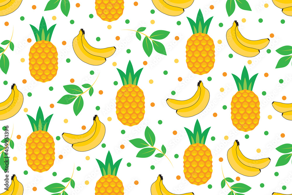 Pineapple, banana and flower seamless pattern Pineapple, banana and flower seamless pattern