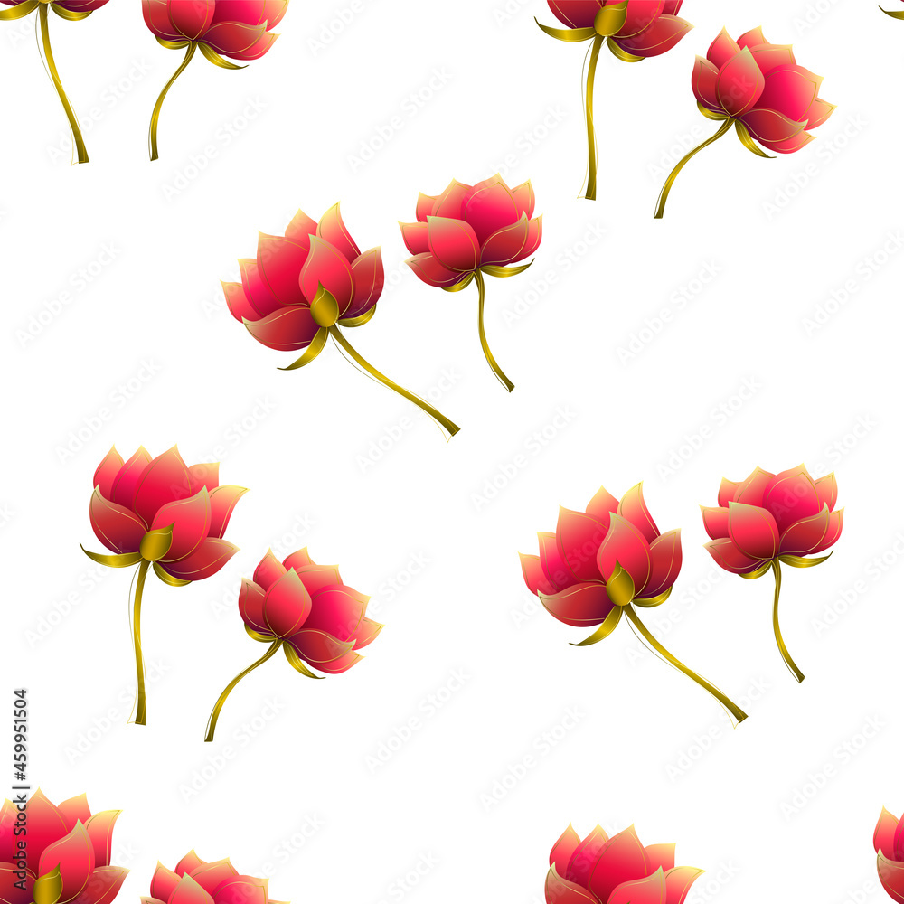 white seamless pattern with pink lotuses