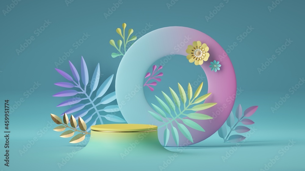 3d render, abstract pastel blue background with round frame and yellow podium decorated with colorful tropical leaves. Modern showcase for product presentation