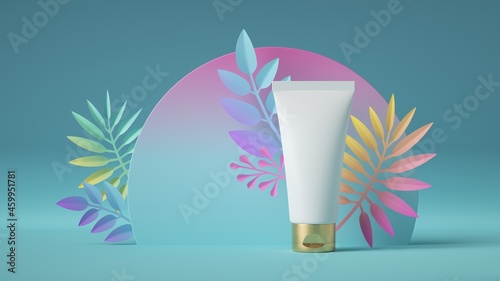 3d render, blank mockup of the cosmetic cream tube with golden cap. Beauty product decorated with colorful tropical leaves isolated on blue background