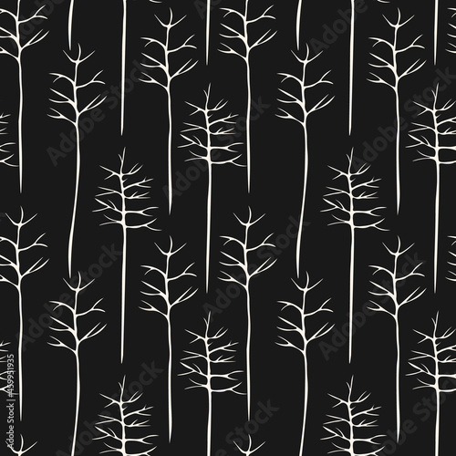 Fototapeta Naklejka Na Ścianę i Meble -  Vector seamless black and white pattern with trees. Stylish repeating texture suitable for backgrounds, wallpapers, covers, fabric prints, digital paper, cards, banners and other trendy designs