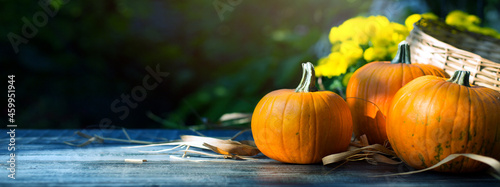 Hello autumn. Thanksgiving holiday party background, autumn pumpkin on wooden table